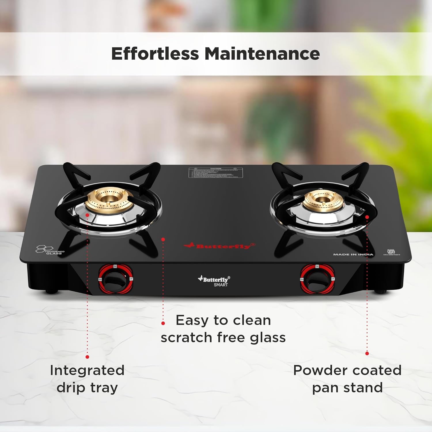 Butterfly Smart 2 Burner Glass Top Gas Stove | Manual Ignition | Scratch Resistant Toughened Glass | Brass Burners | Skid-proof Legs | 1 Year Manufacturer's Warranty | Black - View 2