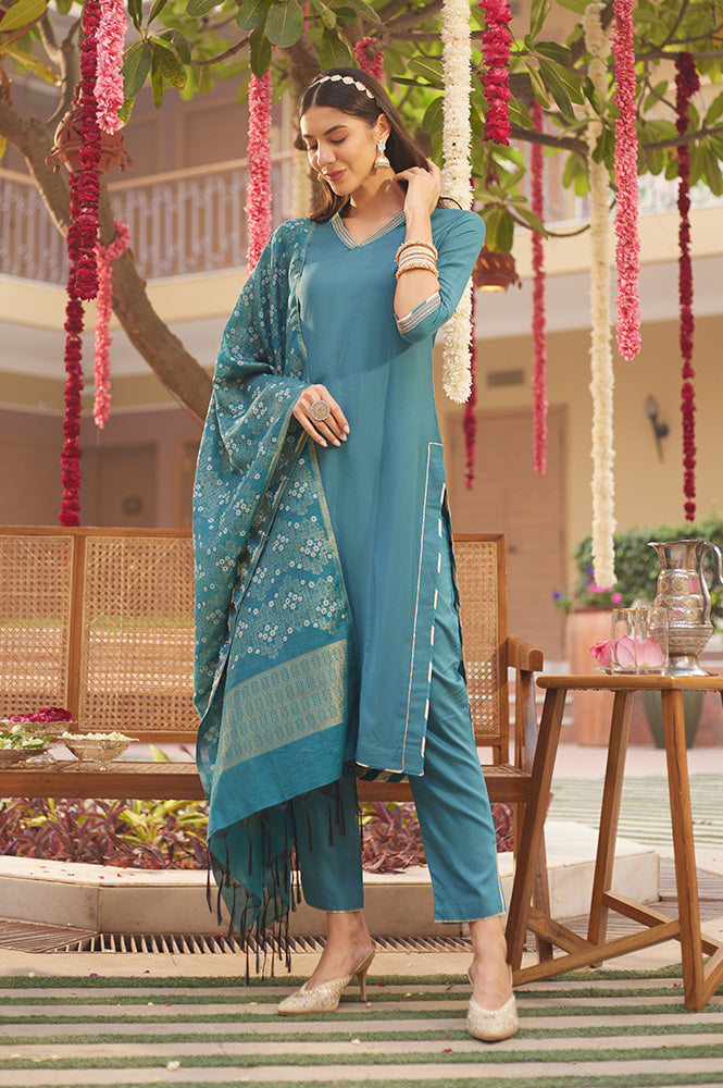 Blue Embellished Kurta, Pants And Jacquard Dupatta Set - View 5