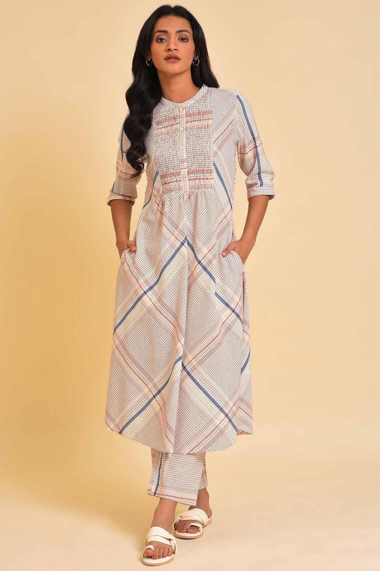 Ecru Bold Checks A-Line kurta &amp; Pants Co-Ord Set - View 7