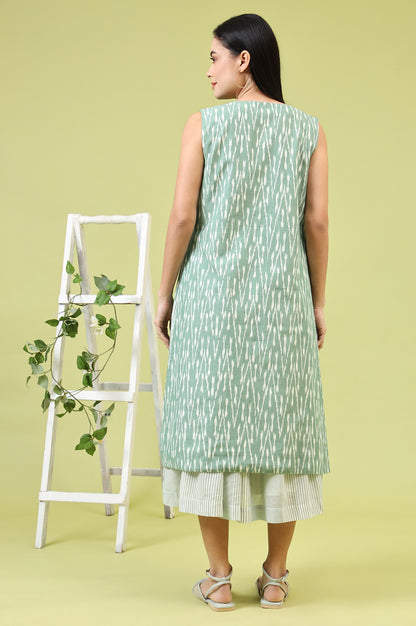 White and Green Geometric Printed Flared Spaghetti Dress and Gilet Set - View 3