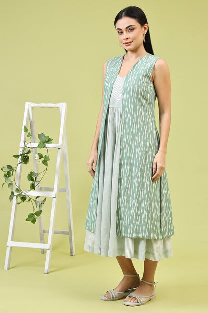 White and Green Geometric Printed Flared Spaghetti Dress and Gilet Set - View 5