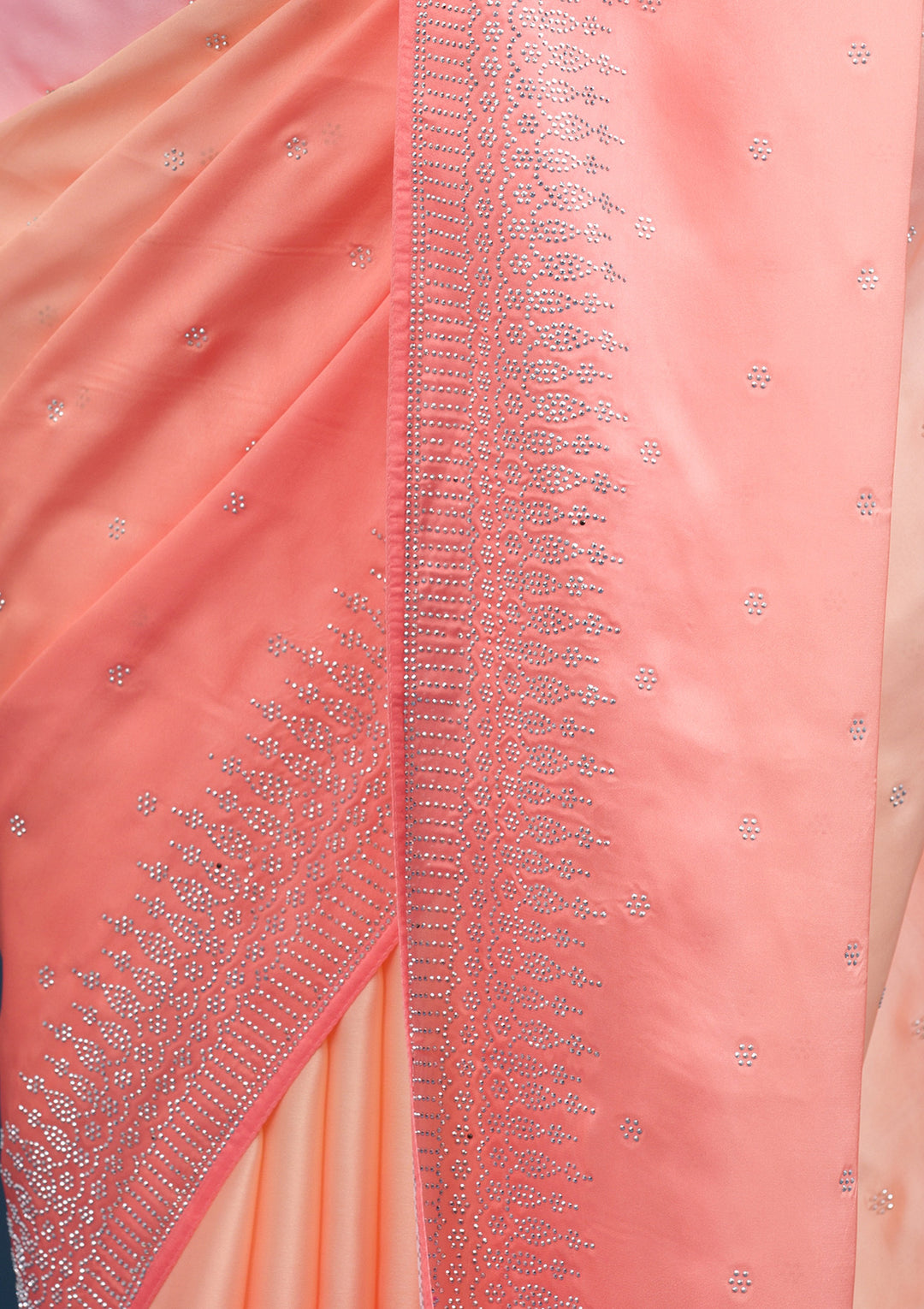Light Orange Stonework Satin Saree - View 2