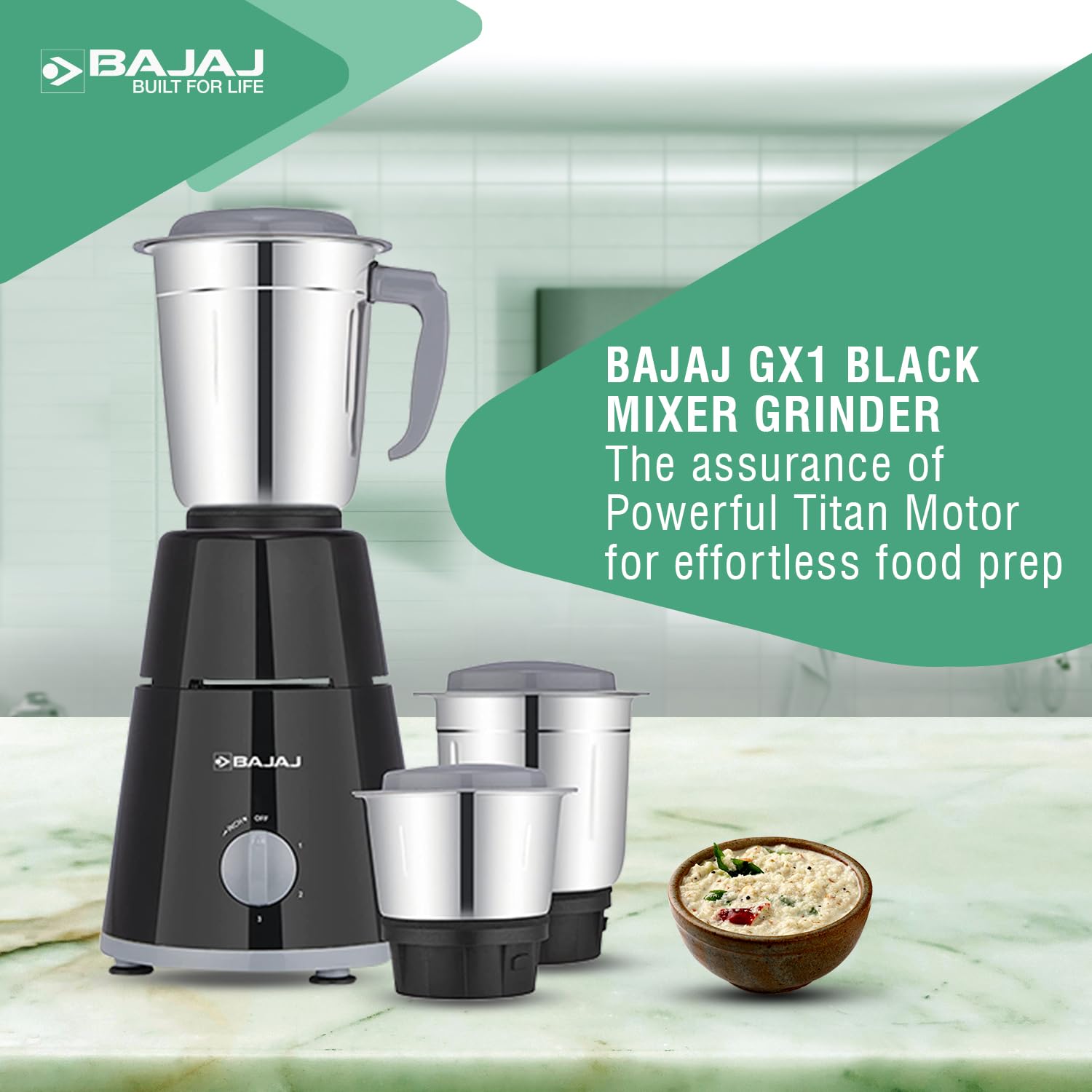Bajaj GX-1 Mixer Grinder 500W|Superior Mixie For Kitchen|2-in-1 for Dry Grinding| Blade Function With Titan Motor|3 Stainless Steel Mixer Jars|1 Year... - View 3